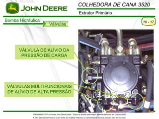 COLHEDORA DE CANA 3520
                                                                      Extrator Primário
Bomba Hidráulica                                                                                                                      10 - 17
                                Válvulas




      VÁLVULA DE ALÍVIO DA
       PRESSÃO DE CARGA




 VÁLVULAS MULTIFUNCIONAIS
 DE ALÍVIO DE ALTA PRESSÃO



            TREINAMENTO Pó s-Vendas John Deere Brasil – Todos os direitos reservados. Material elaborado em Outubro/2008.
            A John Deere Brasil reserva-se ao direito de modificar atributos ou características de seus produtos sem pré vio aviso.
 