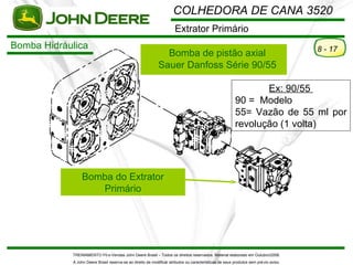 COLHEDORA DE CANA 3520
                                                                      Extrator Primário
Bomba Hidráulica                                                                                                                      8 - 17
                                                              Bomba de pistão axial
                                                            Sauer Danfoss Série 90/55

                                                                                                                Ex: 90/55
                                                                                                         90 = Modelo
                                                                                                         55= Vazão de 55 ml por
                                                                                                         revolução (1 volta)




                 Bomba do Extrator
                    Primário




            TREINAMENTO Pó s-Vendas John Deere Brasil – Todos os direitos reservados. Material elaborado em Outubro/2008.
            A John Deere Brasil reserva-se ao direito de modificar atributos ou características de seus produtos sem pré vio aviso.
 