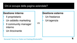 Gestione interna
• Il proprietario
• Un addetto marketing
• Il community manager
interno
• Un tirocinante
Chi si occupa della pagina aziendale?
Domande? Scrivici su Twitter con l’hashtag #HootsuitePro
Gestione esterna
• Un freelance
• Un’agenzia
VS
 