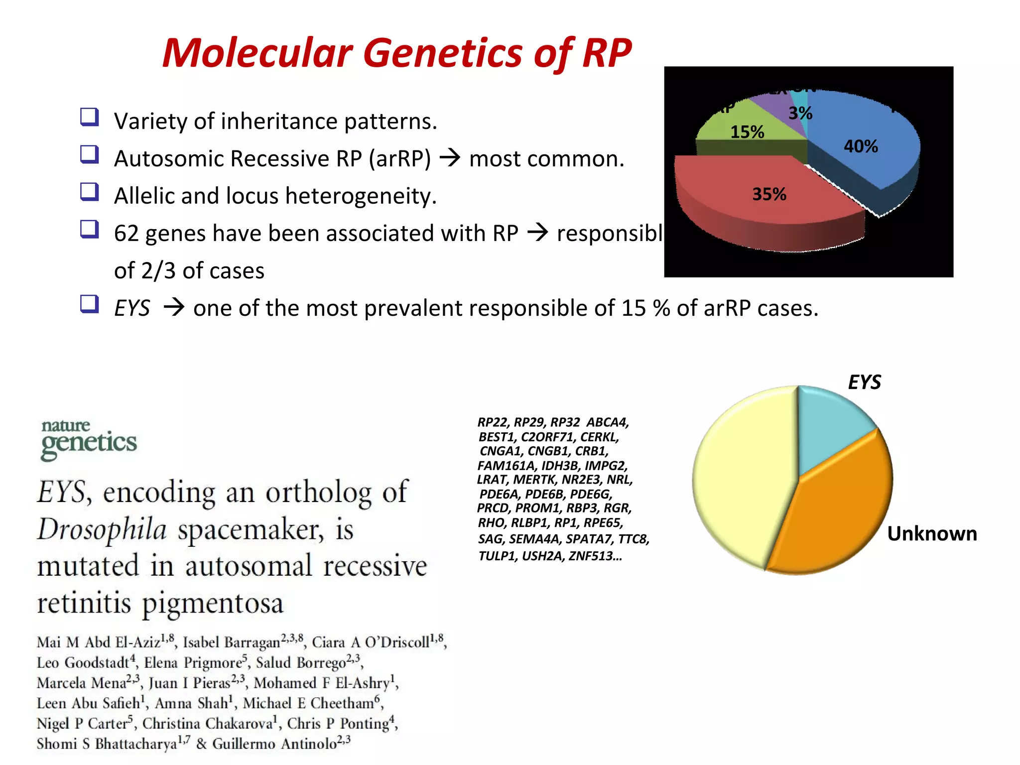 Molecular Genetics of RP
                                                                       RPLX UN
                                                                 ADRP 7% 3%            RPE
 Variety of inheritance patterns.                                   15%
                                                                                 40%
 Autosomic Recessive RP (arRP)  most common.
 Allelic and locus heterogeneity.                           35%
 62 genes have been associated with RP  responsible
  of 2/3 of cases                                          ARRP
 EYS  one of the most prevalent responsible of 15 % of arRP cases.

                                                                                 EYS
                                    RP22, RP29, RP32 ABCA4,
                                    BEST1, C2ORF71, CERKL,
                                    CNGA1, CNGB1, CRB1,
                                    FAM161A, IDH3B, IMPG2,
                                    LRAT, MERTK, NR2E3, NRL,
                                    PDE6A, PDE6B, PDE6G,
                                    PRCD, PROM1, RBP3, RGR,
                                    RHO, RLBP1, RP1, RPE65,
                                    SAG, SEMA4A, SPATA7, TTC8,                         Unknown
                                    TULP1, USH2A, ZNF513…
 