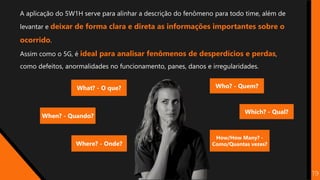 A aplicação do 5W1H serve para alinhar a descrição do fenômeno para todo time, além de
levantar e deixar de forma clara e direta as informações importantes sobre o
ocorrido.
Assim como o 5G, é ideal para analisar fenômenos de desperdícios e perdas,
como defeitos, anormalidades no funcionamento, panes, danos e irregularidades.
19
What? - O que?
Where? - Onde?
When? - Quando?
Who? - Quem?
Which? - Qual?
How/How Many? -
Como/Quantas vezes?
 