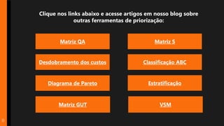 8
Matriz QA Matriz S
Desdobramento dos custos Classificação ABC
Diagrama de Pareto Estratificação
Matriz GUT VSM
Clique nos links abaixo e acesse artigos em nosso blog sobre
outras ferramentas de priorização:
 
