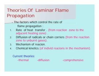 Theories Of Laminar Flame
Propagation
- The factors which control the rate of
flame propagation :
1. Rate of heat transfer . (from reaction zone to the
adjucent heating zone) .
2. Diffusion of radicals or chain corriers (from the reaction
zone to unburnt gases).
3. Mechanism of reacion.
4. Chemical kinetics.(of individ reacions in the mechanism).
Current theories:
-thermal -diffusion -comprehensive
 