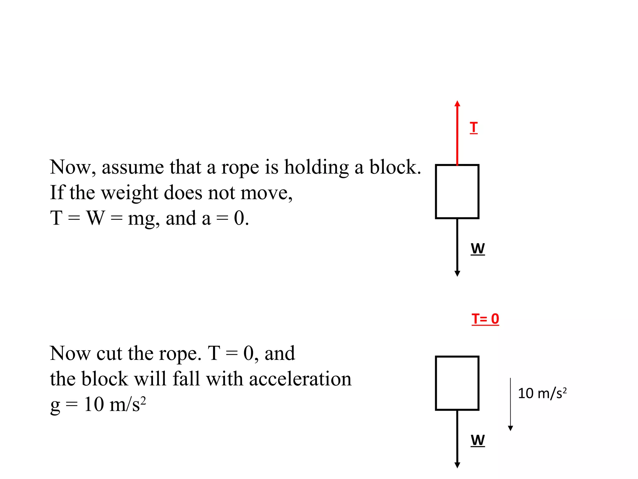 Now, assume that a rope is holding a block.
If the weight does not move,
T = W = mg, and a = 0.
T
W
Now cut the rope. T = 0, and
the block will fall with acceleration
g = 10 m/s2
T= 0
W
10 m/s2
 