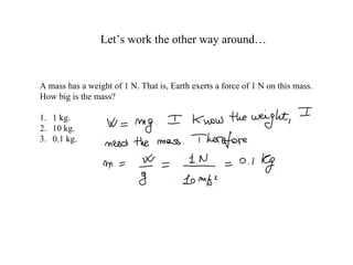 Let’s work the other way around…
A mass has a weight of 1 N. That is, Earth exerts a force of 1 N on this mass.
How big is the mass?
1. 1 kg.
2. 10 kg.
3. 0.1 kg.
 