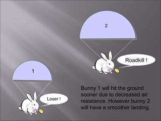2 
1 
Loser ! 
Roadkill ! 
Bunny 1 will hit the ground 
sooner due to decreased air 
resistance. However bunny 2 
will have a smoother landing. 
 