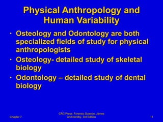Physical Anthropology and Human Variability Osteology and Odontology are both specialized fields of study for physical anthropologists Osteology- detailed study of skeletal biology Odontology – detailed study of dental biology Chapter 7 CRC Press: Forensic Science, James and Nordby, 3rd Edition 