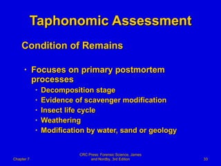 Taphonomic Assessment Condition of Remains Focuses on primary postmortem processes Decomposition stage Evidence of scavenger modification Insect life cycle Weathering  Modification by water, sand or geology Chapter 7 CRC Press: Forensic Science, James and Nordby, 3rd Edition 