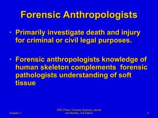 Forensic Anthropologists Primarily investigate death and injury for criminal or civil legal purposes. Forensic anthropologists knowledge of human skeleton complements  forensic pathologists understanding of soft tissue Chapter 7 CRC Press: Forensic Science, James and Nordby, 3rd Edition 