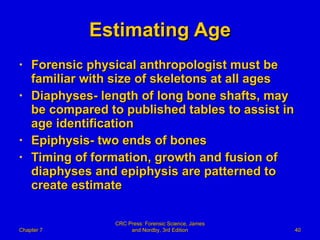 Estimating Age Forensic physical anthropologist must be familiar with size of skeletons at all ages Diaphyses- length of long bone shafts, may be compared to published tables to assist in age identification Epiphysis- two ends of bones Timing of formation, growth and fusion of diaphyses and epiphysis are patterned to create estimate Chapter 7 CRC Press: Forensic Science, James and Nordby, 3rd Edition 