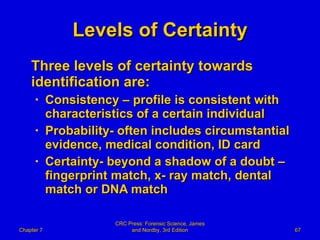 Levels of Certainty Three levels of certainty towards identification are: Consistency – profile is consistent with characteristics of a certain individual Probability- often includes circumstantial evidence, medical condition, ID card Certainty- beyond a shadow of a doubt – fingerprint match, x- ray match, dental match or DNA match  Chapter 7 CRC Press: Forensic Science, James and Nordby, 3rd Edition 