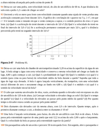 a	altura	máxima	alcançada	pela	pedra	acima	do	ponto	B.
94	Deixa-se	cair	uma	pedra,	sem	velocidade	inicial,	do	alto	de	um	edifício	de	60	m.	A	que	distância	do
solo	está	a	pedra	1,2	s	antes	de	chegar	ao	solo?
95	Um	trenó	a	vela	se	move	para	leste	com	velocidade	constante	quando	uma	rajada	de	vento	produz	uma
aceleração	constante	para	leste	durante	3,0	s.	O	gráfico	de	x	em	função	de	t	aparece	na	Fig.	2-47,	em	que
t	=	0	é	tomado	como	o	instante	em	que	o	vento	começou	a	soprar,	e	o	sentido	positivo	do	eixo	x	é	para
leste.	(a)	Qual	é	a	aceleração	do	trenó	durante	o	intervalo	de	3,0	s?	(b)	Qual	é	a	velocidade	do	trenó	no
final	do	intervalo	de	3,0	s?	(c)	Se	a	aceleração	permanece	constante	por	mais	3,0	s,	qual	é	a	distância
percorrida	pelo	trenó	no	segundo	intervalo	de	3,0	s?
Figura	2-47 	Problema	95.
96	Deixa-se	cair	uma	bola	de	chumbo	de	um	trampolim	situado	5,20	m	acima	da	superfície	da	água	de	um
lago.	A	bola	atinge	a	água	com	certa	velocidade	e	conserva	a	mesma	velocidade	até	chegar	ao	fundo	do
lago,	4,80	s	após	começar	a	cair.	(a)	Qual	é	a	profundidade	do	lago?	(b)	Qual	é	o	módulo	e	(c)	qual	é	o
sentido	(para	cima	ou	para	baixo)	da	velocidade	média	da	bola	durante	a	queda?	Suponha	que	toda	a
água	do	lago	seja	drenada.	A	bola	é	agora	lançada	verticalmente,	do	trampolim,	com	uma	velocidade
inicial	diferente	de	zero	e	novamente	chega	ao	fundo	em	4,80	s.	(d)	Qual	é	o	módulo	e	(e)	qual	é	o
sentido	da	velocidade	inicial	da	bola?
97	O	cabo	que	sustenta	um	elevador	de	obra,	vazio,	arrebenta	quando	o	elevador	está	em	repouso	no	alto
de	um	edifício	de	120	m	de	altura.	(a)	Com	que	velocidade	o	elevador	chega	ao	solo?	(b)	Qual	é	o	tempo
de	queda?	(c)	Qual	é	a	velocidade	do	elevador	ao	passar	pelo	ponto	médio	da	queda?	(d)	Por	quanto
tempo	o	elevador	estava	caindo	ao	passar	pelo	ponto	médio?
98	Dois	diamantes	são	deixados	cair	da	mesma	altura,	com	1,0	s	de	intervalo.	Quanto	tempo,	após	o
primeiro	diamante	começar	a	cair,	a	distância	entre	os	diamantes	é	10	m?
99	Uma	bola	é	lançada	verticalmente,	para	baixo,	do	alto	de	um	edifício	com	36,6	m	de	altura.	A	bola
passa	pela	extremidade	superior	de	uma	janela	que	está	12,2	m	acima	do	solo	2,00	s	após	o	lançamento.
Qual	é	a	velocidade	da	bola	ao	passar	pela	extremidade	superior	da	janela?
100	Um	paraquedista	salta	de	um	avião	e	percorre	50	m	em	queda	livre.	Em	seguida,	abre	o	paraquedas	e
 