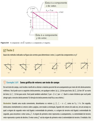 Figura	3-8 	A	componente	x	de	 	é	positiva	e	a	componente	y	é	negativa.
	Teste	2
Quais	dos	métodos	indicados	na	figura	são	corretos	para	determinar	o	vetor	 	a	partir	das	componentes	x	e	y?
	Exemplo	3.01 	Soma	gráfica	de	vetores:	um	teste	de	campo
Em	um	teste	de	campo,	você	recebe	a	tarefa	de	se	afastar	o	máximo	possível	de	um	acampamento	por	meio	de	três	deslocamentos
retilíneos.	Você	pode	usar	os	seguintes	deslocamentos,	em	qualquer	ordem:	(a)	 ,	2,0	km	para	leste;	(b)	 ,	2,0	km	30°	ao	norte
do	leste;	(c)	 ,	1,0	km	para	oeste.	Você	pode	também	substituir	 	por	– 	e	 	por	– .	Qual	é	a	maior	distância	que	você	pode
atingir	após	o	terceiro	deslocamento?	(A	direção	do	deslocamento	total	fica	a	seu	critério.)
Raciocínio:	 Usando	 uma	 escala	 conveniente,	 desenhamos	 os	 vetores	 ,	 ,	 ,	 –	 e	 – ,	 como	 na	 Fig.	 3-9a.	 Em	 seguida,
deslocamos	mentalmente	os	vetores	sobre	a	página,	sem	mudar	a	orientação,	ligando	três	vetores	de	cada	vez,	em	um	arranjo	no
qual	a	origem	do	segundo	vetor	está	ligada	à	extremidade	do	primeiro,	e	a	origem	do	terceiro	está	ligada	à	extremidade	do
segundo,	para	encontrar	o	vetor	soma,	 .	A	origem	do	primeiro	vetor	representa	o	acampamento,	e	a	extremidade	do	terceiro
vetor	representa	o	ponto	de	destino.	O	vetor	soma	 	vai	da	origem	do	primeiro	vetor	à	extremidade	do	terceiro.	O	módulo	d	do
 
