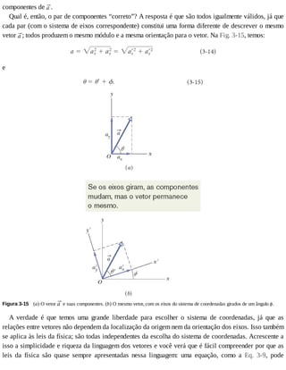componentes	de	 .
Qual	é,	então,	o	par	de	componentes	“correto”?	A	resposta	é	que	são	todos	igualmente	válidos,	já	que
cada	par	(com	o	sistema	de	eixos	correspondente)	constitui	uma	forma	diferente	de	descrever	o	mesmo
vetor	 ;	todos	produzem	o	mesmo	módulo	e	a	mesma	orientação	para	o	vetor.	Na	Fig.	3-15,	temos:
e
Figura	3-15 	(a)	O	vetor	 	e	suas	componentes.	(b)	O	mesmo	vetor,	com	os	eixos	do	sistema	de	coordenadas	girados	de	um	ângulo	ϕ.
A	 verdade	 é	 que	 temos	 uma	 grande	 liberdade	 para	 escolher	 o	 sistema	 de	 coordenadas,	 já	 que	 as
relações	entre	vetores	não	dependem	da	localização	da	origem	nem	da	orientação	dos	eixos.	Isso	também
se	aplica	às	leis	da	física;	são	todas	independentes	da	escolha	do	sistema	de	coordenadas.	Acrescente	a
isso	a	simplicidade	e	riqueza	da	linguagem	dos	vetores	e	você	verá	que	é	fácil	compreender	por	que	as
leis	 da	 física	 são	 quase	 sempre	 apresentadas	 nessa	 linguagem:	 uma	 equação,	 como	 a	 Eq.	 3-9,	 pode
 