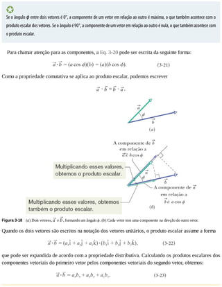 Se	o	ângulo	ϕ	entre	dois	vetores	é	0°,	a	componente	de	um	vetor	em	relação	ao	outro	é	máxima,	o	que	também	acontece	com	o
produto	escalar	dos	vetores.	Se	o	ângulo	é	90°,	a	componente	de	um	vetor	em	relação	ao	outro	é	nula,	o	que	também	acontece	com
o	produto	escalar.
Para	chamar	atenção	para	as	componentes,	a	Eq.	3-20	pode	ser	escrita	da	seguinte	forma:
Como	a	propriedade	comutativa	se	aplica	ao	produto	escalar,	podemos	escrever
	·	 	=	 	·	 .
Figura	3-18 	(a)	Dois	vetores,	 	e	 ,	formando	um	ângulo	ϕ.	(b)	Cada	vetor	tem	uma	componente	na	direção	do	outro	vetor.
Quando	os	dois	vetores	são	escritos	na	notação	dos	vetores	unitários,	o	produto	escalar	assume	a	forma
que	pode	ser	expandida	de	acordo	com	a	propriedade	distributiva.	Calculando	os	produtos	escalares	dos
componentes	vetoriais	do	primeiro	vetor	pelos	componentes	vetoriais	do	segundo	vetor,	obtemos:
 
