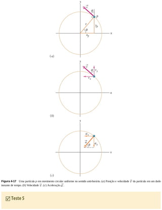 Figura	4-17 	Uma	partícula	p	em	movimento	circular	uniforme	no	sentido	anti-horário.	(a)	Posição	e	velocidade	 	da	partícula	em	um	dado
instante	de	tempo.	(b)	Velocidade	 .	(c)	Aceleração	 .
	Teste	5
 