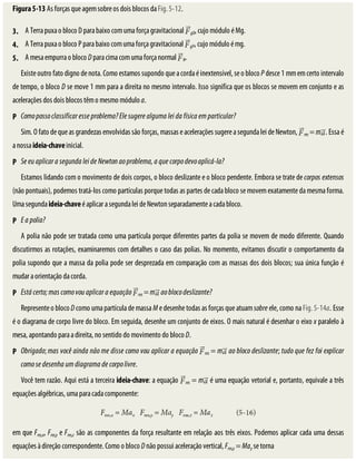 P
3.
4.
5.
P
P
P
P
Figura	5-13	As	forças	que	agem	sobre	os	dois	blocos	da	Fig.	5-12.
A	Terra	puxa	o	bloco	D	para	baixo	com	uma	força	gravitacional	 gD,	cujo	módulo	é	Mg.
A	Terra	puxa	o	bloco	P	para	baixo	com	uma	força	gravitacional	 gP,	cujo	módulo	é	mg.
A	mesa	empurra	o	bloco	D	para	cima	com	uma	força	normal	 N.
Existe	outro	fato	digno	de	nota.	Como	estamos	supondo	que	a	corda	é	inextensível,	se	o	bloco	P	desce	1	mm	em	certo	intervalo
de	tempo,	o	bloco	D	se	move	1	mm	para	a	direita	no	mesmo	intervalo.	Isso	significa	que	os	blocos	se	movem	em	conjunto	e	as
acelerações	dos	dois	blocos	têm	o	mesmo	módulo	a.
Como	posso	classificar	esse	problema?	Ele	sugere	alguma	lei	da	física	em	particular?
Sim.	O	fato	de	que	as	grandezas	envolvidas	são	forças,	massas	e	acelerações	sugere	a	segunda	lei	de	Newton,	 res	=	m .	Essa	é
a	nossa	ideia-chave	inicial.
Se	eu	aplicar	a	segunda	lei	de	Newton	ao	problema,	a	que	corpo	devo	aplicá-la?
Estamos	lidando	com	o	movimento	de	dois	corpos,	o	bloco	deslizante	e	o	bloco	pendente.	Embora	se	trate	de	corpos	extensos
(não	pontuais),	podemos	tratá-los	como	partículas	porque	todas	as	partes	de	cada	bloco	se	movem	exatamente	da	mesma	forma.
Uma	segunda	ideia-chave	é	aplicar	a	segunda	lei	de	Newton	separadamente	a	cada	bloco.
E	a	polia?
A	polia	não	pode	ser	tratada	como	uma	partícula	porque	diferentes	partes	da	polia	se	movem	de	modo	diferente.	Quando
discutirmos	as	rotações,	examinaremos	com	detalhes	o	caso	das	polias.	No	momento,	evitamos	discutir	o	comportamento	da
polia	supondo	que	a	massa	da	polia	pode	ser	desprezada	em	comparação	com	as	massas	dos	dois	blocos;	sua	única	função	é
mudar	a	orientação	da	corda.
Está	certo;	mas	como	vou	aplicar	a	equação	 res	=	m 	ao	bloco	deslizante?
Represente	o	bloco	D	como	uma	partícula	de	massa	M	e	desenhe	todas	as	forças	que	atuam	sobre	ele,	como	na	Fig.	5-14a.	Esse
é	o	diagrama	de	corpo	livre	do	bloco.	Em	seguida,	desenhe	um	conjunto	de	eixos.	O	mais	natural	é	desenhar	o	eixo	x	paralelo	à
mesa,	apontando	para	a	direita,	no	sentido	do	movimento	do	bloco	D.
Obrigado;	mas	você	ainda	não	me	disse	como	vou	aplicar	a	equação	 res	=	m 	ao	bloco	deslizante;	tudo	que	fez	foi	explicar
como	se	desenha	um	diagrama	de	corpo	livre.
Você	tem	razão.	Aqui	está	a	terceira	ideia-chave:	a	equação	 res	=	m 	é	uma	equação	vetorial	e,	portanto,	equivale	a	três
equações	algébricas,	uma	para	cada	componente:
em	que	Fres,x,	Fres,y	e	Fres,z	são	as	componentes	da	força	resultante	em	relação	aos	três	eixos.	Podemos	aplicar	cada	uma	dessas
equações	à	direção	correspondente.	Como	o	bloco	D	não	possui	aceleração	vertical,	Fres,y	=	May	se	torna
 