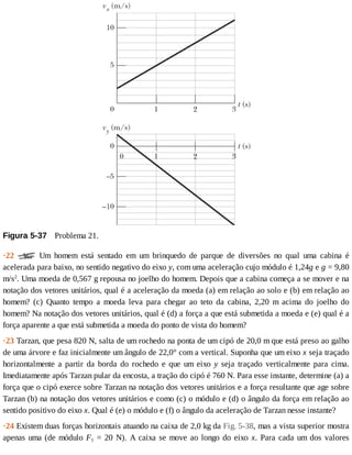 Figura	5-37 	Problema	21.
·22	 	 Um	 homem	 está	 sentado	 em	 um	 brinquedo	 de	 parque	 de	 diversões	 no	 qual	 uma	 cabina	 é
acelerada	para	baixo,	no	sentido	negativo	do	eixo	y,	com	uma	aceleração	cujo	módulo	é	1,24g	e	g	=	9,80
m/s2
.	Uma	moeda	de	0,567	g	repousa	no	joelho	do	homem.	Depois	que	a	cabina	começa	a	se	mover	e	na
notação	dos	vetores	unitários,	qual	é	a	aceleração	da	moeda	(a)	em	relação	ao	solo	e	(b)	em	relação	ao
homem?	 (c)	 Quanto	 tempo	 a	 moeda	 leva	 para	 chegar	 ao	 teto	 da	 cabina,	 2,20	 m	 acima	 do	 joelho	 do
homem?	Na	notação	dos	vetores	unitários,	qual	é	(d)	a	força	a	que	está	submetida	a	moeda	e	(e)	qual	é	a
força	aparente	a	que	está	submetida	a	moeda	do	ponto	de	vista	do	homem?
·23	Tarzan,	que	pesa	820	N,	salta	de	um	rochedo	na	ponta	de	um	cipó	de	20,0	m	que	está	preso	ao	galho
de	uma	árvore	e	faz	inicialmente	um	ângulo	de	22,0°	com	a	vertical.	Suponha	que	um	eixo	x	seja	traçado
horizontalmente	 a	 partir	 da	 borda	 do	 rochedo	 e	 que	 um	 eixo	 y	 seja	 traçado	 verticalmente	 para	 cima.
Imediatamente	após	Tarzan	pular	da	encosta,	a	tração	do	cipó	é	760	N.	Para	esse	instante,	determine	(a)	a
força	que	o	cipó	exerce	sobre	Tarzan	na	notação	dos	vetores	unitários	e	a	força	resultante	que	age	sobre
Tarzan	(b)	na	notação	dos	vetores	unitários	e	como	(c)	o	módulo	e	(d)	o	ângulo	da	força	em	relação	ao
sentido	positivo	do	eixo	x.	Qual	é	(e)	o	módulo	e	(f)	o	ângulo	da	aceleração	de	Tarzan	nesse	instante?
·24	Existem	duas	forças	horizontais	atuando	na	caixa	de	2,0	kg	da	Fig.	5-38,	mas	a	vista	superior	mostra
apenas	uma	(de	módulo	F1	=	20	N).	A	caixa	se	move	ao	longo	do	eixo	x.	Para	cada	um	dos	valores
 