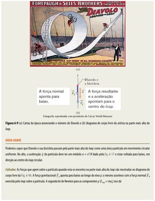Fotografia	reproduzida	com	permissão	do	Circus	World	Museum
Figura	6-9	(a)	Cartaz	da	época	anunciando	o	número	de	Diavolo	e	(b)	diagrama	de	corpo	livre	do	artista	na	parte	mais	alta	do
loop.
IDEIA-CHAVE
Podemos	supor	que	Diavolo	e	sua	bicicleta	passam	pela	parte	mais	alta	do	loop	como	uma	única	partícula	em	movimento	circular
uniforme.	No	alto,	a	aceleração	 	da	partícula	deve	ter	um	módulo	a	=	v2
/R	dado	pela	Eq.	6-17	e	estar	voltada	para	baixo,	em
direção	ao	centro	do	loop	circular.
Cálculos:	As	forças	que	agem	sobre	a	partícula	quando	esta	se	encontra	na	parte	mais	alta	do	loop	são	mostradas	no	diagrama	de
corpo	livre	da	Fig.	6-9b.	A	força	gravitacional	 g	aponta	para	baixo	ao	longo	do	eixo	y;	o	mesmo	acontece	com	a	força	normal	 N
exercida	pelo	loop	sobre	a	partícula.	A	segunda	lei	de	Newton	para	as	componentes	y	(Fres,y	=	may)	nos	dá
 