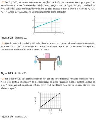 ··22	Na	Fig.	6-23,	um	trenó	é	sustentado	em	um	plano	inclinado	por	uma	corda	que	o	puxa	para	cima
paralelamente	ao	plano.	O	trenó	está	na	iminência	de	começar	a	subir.	A	Fig.	6-28	mostra	o	módulo	F	da
força	aplicada	à	corda	em	função	do	coeficiente	de	atrito	estático	μs	entre	o	trenó	e	o	plano.	Se	F1	=	2,0
N,	F2	=	5,0	N	e	μ2	=	0,50,	qual	é	o	valor	do	ângulo	θ	do	plano	inclinado?
Figura	6-28 	Problema	22.
··23	Quando	os	três	blocos	da	Fig.	6-29	são	liberados	a	partir	do	repouso,	eles	aceleram	com	um	módulo
de	0,500	m/s2
.	O	bloco	1	tem	massa	M,	o	bloco	2	tem	massa	2M	e	o	bloco	3	tem	massa	2M.	Qual	é	o
coeficiente	de	atrito	cinético	entre	o	bloco	2	e	a	mesa?
Figura	6-29 	Problema	23.
··24	Um	bloco	de	4,10	kg	é	empurrado	em	um	piso	por	uma	força	horizontal	constante	de	módulo	40,0	N.
A	Fig.	6-30	mostra	a	velocidade	v	do	bloco	em	função	do	tempo	t	quando	o	bloco	se	desloca	ao	longo	do
piso.	A	escala	vertical	do	gráfico	é	definida	por	vs	=	5,0	m/s.	Qual	é	o	coeficiente	de	atrito	cinético	entre
o	bloco	e	o	piso?
Figura	6-30 	Problema	24.
 
