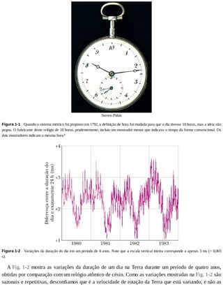 Steven	Pitkin
Figura	1-1 	Quando	o	sistema	métrico	foi	proposto	em	1792,	a	definição	de	hora	foi	mudada	para	que	o	dia	tivesse	10	horas,	mas	a	ideia	não
pegou.	O	fabricante	deste	relógio	de	10	horas,	prudentemente,	incluiu	um	mostrador	menor	que	indicava	o	tempo	da	forma	convencional.	Os
dois	mostradores	indicam	a	mesma	hora?
Figura	1-2 	Variações	da	duração	do	dia	em	um	período	de	4	anos.	Note	que	a	escala	vertical	inteira	corresponde	a	apenas	3	ms	(=	0,003
s).
A	Fig.	1-2	mostra	as	variações	da	duração	de	um	dia	na	Terra	durante	um	período	de	quatro	anos,
obtidas	por	comparação	com	um	relógio	atômico	de	césio.	Como	as	variações	mostradas	na	Fig.	1-2	são
sazonais	e	repetitivas,	desconfiamos	que	é	a	velocidade	de	rotação	da	Terra	que	está	variando,	e	não	as
 