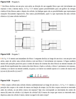 Figura	9-28 	Pergunta	6.
7	Um	bloco	desliza	em	um	piso	sem	atrito	na	direção	de	um	segundo	bloco	que	está	inicialmente	em
repouso	 e	 tem	 a	 mesma	 massa.	 A	 Fig.	 9-29	 mostra	 quatro	 possibilidades	 para	 um	 gráfico	 da	 energia
cinética	K	dos	blocos	antes	e	depois	da	colisão.	(a)	Indique	quais	são	as	possibilidades	que	representam
situações	fisicamente	impossíveis.	Das	outras	possibilidades,	qual	é	a	que	representa	(b)	uma	colisão
elástica	e	(c)	uma	colisão	inelástica?
Figura	9-29 	Pergunta	7.
8	A	Fig.	9-30	mostra	um	instantâneo	do	bloco	1	enquanto	desliza	ao	longo	de	um	eixo	x	em	um	piso	sem
atrito,	antes	de	sofrer	uma	colisão	elástica	com	um	bloco	2	inicialmente	em	repouso.	A	figura	também
mostra	três	posições	possíveis	para	o	centro	de	massa	do	sistema	dos	dois	blocos	no	mesmo	instante.	(O
ponto	B	está	equidistante	dos	centros	dos	dois	blocos.)	Após	a	colisão,	o	bloco	1	permanece	em	repouso,
continua	a	se	mover	no	mesmo	sentido,	ou	passa	a	se	mover	no	sentido	oposto	se	o	centro	de	massa	está
(a)	em	A,	(b)	em	B	e	(c)	em	C?
Figura	9-30 	Pergunta	8.
9	Dois	corpos	sofrem	uma	colisão	elástica	unidimensional	ao	longo	de	um	eixo	x.	A	Fig.	9-31	mostra	a
posição	dos	corpos	e	do	centro	de	massa	em	função	do	tempo.	(a)	Os	dois	corpos	estavam	se	movendo
antes	 da	 colisão,	 ou	 um	 deles	 estava	 em	 repouso?	 Que	 reta	 corresponde	 ao	 movimento	 do	 centro	 de
massa	(b)	antes	da	colisão	e	(c)	depois	da	colisão?	(d)	A	massa	do	corpo	que	estava	se	movendo	mais
depressa	antes	da	colisão	é	maior,	menor	ou	igual	à	do	outro	corpo?
 
