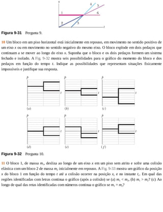 Figura	9-31 	Pergunta	9.
10	Um	bloco	em	um	piso	horizontal	está	inicialmente	em	repouso,	em	movimento	no	sentido	positivo	de
um	eixo	x	ou	em	movimento	no	sentido	negativo	do	mesmo	eixo.	O	bloco	explode	em	dois	pedaços	que
continuam	a	se	mover	ao	longo	do	eixo	x.	Suponha	que	o	bloco	e	os	dois	pedaços	formem	um	sistema
fechado	e	isolado.	A	Fig.	9-32	mostra	seis	possibilidades	para	o	gráfico	do	momento	do	bloco	e	dos
pedaços	 em	 função	 do	 tempo	 t.	 Indique	 as	 possibilidades	 que	 representam	 situações	 fisicamente
impossíveis	e	justifique	sua	resposta.
Figura	9-32 	Pergunta	10.
11	O	bloco	1,	de	massa	m1,	desliza	ao	longo	de	um	eixo	x	em	um	piso	sem	atrito	e	sofre	uma	colisão
elástica	com	um	bloco	2	de	massa	m2	inicialmente	em	repouso.	A	Fig.	9-33	mostra	um	gráfico	da	posição
x	do	bloco	1	em	função	do	tempo	t	até	a	colisão	ocorrer	na	posição	xc	e	no	instante	tc.	 Em	 qual	 das
regiões	identificadas	com	letras	continua	o	gráfico	(após	a	colisão)	se	(a)	m1	<	m2,	(b)	m1	>	m2?	(c)	Ao
longo	de	qual	das	retas	identificadas	com	números	continua	o	gráfico	se	m1	=	m2?
 