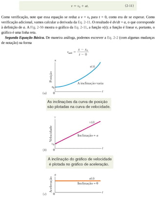 Como	verificação,	note	que	essa	equação	se	reduz	a	v	=	v0	para	t	=	0,	como	era	de	se	esperar.	Como
verificação	adicional,	vamos	calcular	a	derivada	da	Eq.	2-11.	O	resultado	é	dv/dt	=	a,	o	que	corresponde
à	definição	de	a.	A	Fig.	2-9b	mostra	o	gráfico	da	Eq.	2-11,	a	função	v(t);	a	função	é	linear	e,	portanto,	o
gráfico	é	uma	linha	reta.
Segunda	Equação	Básica.	De	maneira	análoga,	podemos	escrever	a	Eq.	2-2	(com	algumas	mudanças
de	notação)	na	forma
 
