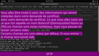 Vous allez être invité à saisir des informations qui seront
intégrées dans votre demande de certificat.
dans votre demande de certificat. Ce que vous allez saisir est
ce que l'on appelle un nom distinctif (Distinguished Name ou
DN).Les champs sont assez nombreux, mais vous pouvez en
laisser certains vides
Certains champs ont une valeur par défaut, Si vous entrez '.',
le champ sera laissé vide.
SFTP
 