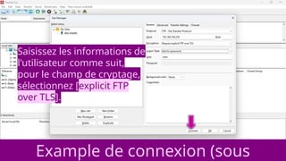 Example de connexion (sous
Saisissez les informations de
l'utilisateur comme suit,
pour le champ de cryptage,
sélectionnez [explicit FTP
over TLS].
 