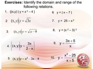 g)   Answer:  D: all real nos. except  -2 R: all real nos.  except 2	  5. Answer :    D: all real nos. >  –1  R: all real nos. > 06.Answer:D: all real nos. < 3	R: all real nos. except 07.