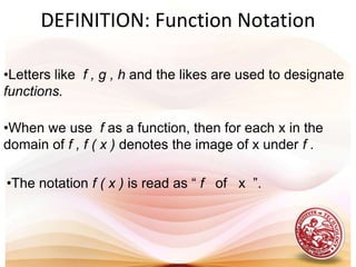 Example: Identify which of the following                    relations are functions.a)     S = { ( 4, 7 ), ( 5, 8 ), ( 6, 9 ), ( 7, 10 ), ( 8, 11 ) }                                                             b)    S = { ( x , y ) s. t. y = | x |  ;  x  R }c)    y = x 2 – 5  					d)     | y | =  x 						e)f)