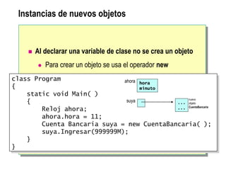 Instancias de nuevos objetos
 Al declarar una variable de clase no se crea un objeto
 Para crear un objeto se usa el operador new
class Program
{
static void Main( )
{
Reloj ahora;
ahora.hora = 11;
Cuenta Bancaria suya = new CuentaBancaria( );
suya.Ingresar(999999M);
}
}
hora
minuto
ahora
suya ...
...
nuevo
objeto
CuentaBancaria
 