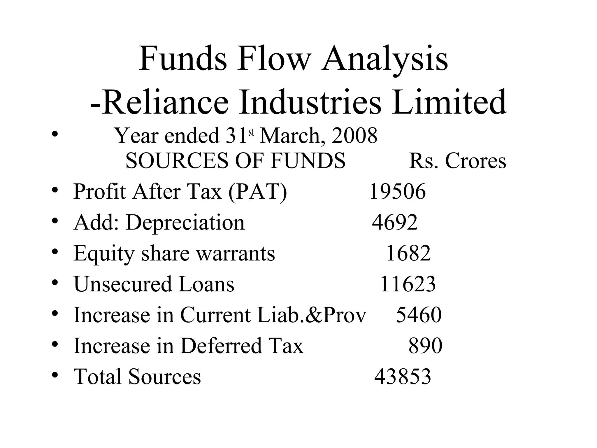 Funds Flow Analysis
     -Reliance Industries Limited
•       Year ended 31st March, 2008
          SOURCES OF FUNDS             Rs. Crores
•   Profit After Tax (PAT)        19506
•   Add: Depreciation             4692
•   Equity share warrants            1682
•   Unsecured Loans                 11623
•   Increase in Current Liab.&Prov 5460
•   Increase in Deferred Tax           890
•   Total Sources                  43853
 