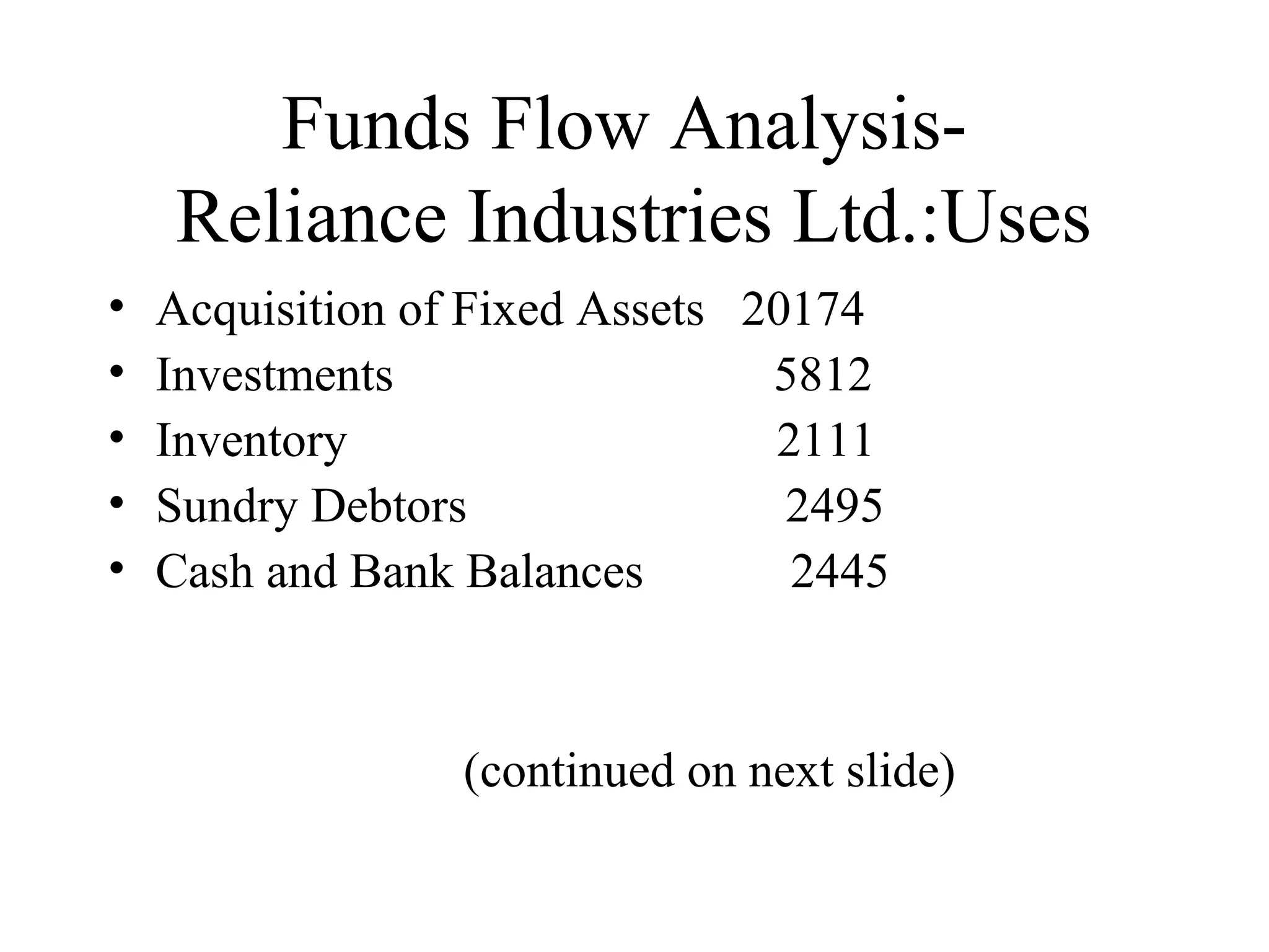 Funds Flow Analysis-
    Reliance Industries Ltd.:Uses
•   Acquisition of Fixed Assets 20174
•   Investments                  5812
•   Inventory                    2111
•   Sundry Debtors                2495
•   Cash and Bank Balances        2445



                  (continued on next slide)
 