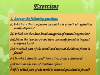 Exercises
1. Answer the following questions.
(i) Which are the two factors on which the growth of vegetation
mostly depends?
(ii) Which are the three broad categories of natural vegetation?
(iii) Name the two hardwood trees commonly found in tropical
evergreen forest.
(iv) In which part of the world and tropical deciduous forest is
found?
(v) In which climatic conditions, citrus fruits cultivated?
(vi) Mention the uses of coniferous forest.
(vii) In which part of the world is seasonal grassland is found?
abdul shumz kv kanjikode24
 