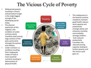 • Widespread poverty
resulting in chronic
and persistent hunger
is the single biggest
scourge of the
developing world
today.
• The physical
expression of this
tragedy is the
condition of under-
nutrition which
manifests itself among
large sections of the
poor, particularly
amongst the women
and children.
• Under nutrition is a
condition resulting
from inadequate
intake of Food or
more essential
nutrients resulting in
deterioration of
physical health.
• The inadequancy in
the food & nutrients
needed to maintain
good health reduces
work capacity and
productivity
amongst adults and
enhances mortality
and morbidity
amongst children.
• Such reduced
productivity
translates into
reduced earning
capacity, leading to
further poverty, and
the vicious cycle
goes on.
The Vicious Cycle of Poverty
Poverty
Low intake
of food and
nutrients
Under
nutrition
Stunted
development
Small body
size of adult
Impaired
productivity
Low earning
capacity
 