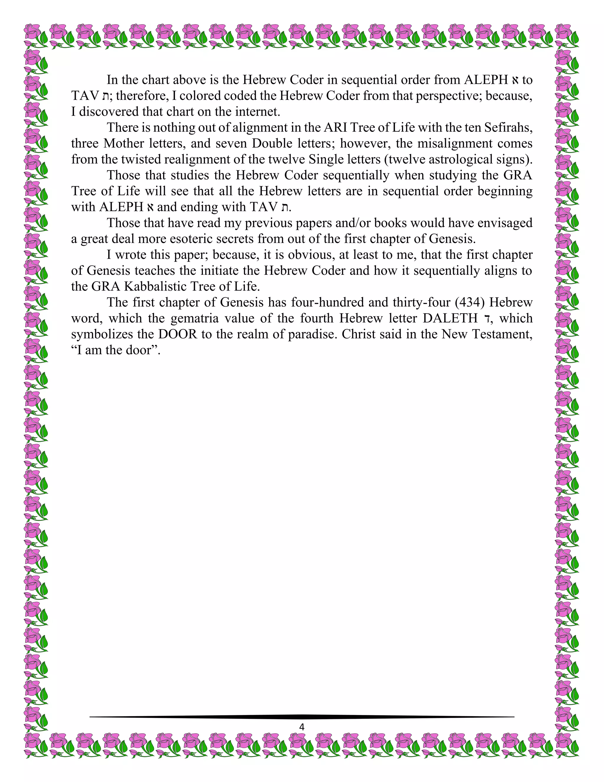 4
In the chart above is the Hebrew Coder in sequential order from ALEPH ‫א‬ to
TAV ‫;ת‬ therefore, I colored coded the Hebrew Coder from that perspective; because,
I discovered that chart on the internet.
There is nothing out of alignment in the ARI Tree of Life with the ten Sefirahs,
three Mother letters, and seven Double letters; however, the misalignment comes
from the twisted realignment of the twelve Single letters (twelve astrological signs).
Those that studies the Hebrew Coder sequentially when studying the GRA
Tree of Life will see that all the Hebrew letters are in sequential order beginning
with ALEPH ‫א‬ and ending with TAV ‫ת‬.
Those that have read my previous papers and/or books would have envisaged
a great deal more esoteric secrets from out of the first chapter of Genesis.
I wrote this paper; because, it is obvious, at least to me, that the first chapter
of Genesis teaches the initiate the Hebrew Coder and how it sequentially aligns to
the GRA Kabbalistic Tree of Life.
The first chapter of Genesis has four-hundred and thirty-four (434) Hebrew
word, which the gematria value of the fourth Hebrew letter DALETH ‫ד‬, which
symbolizes the DOOR to the realm of paradise. Christ said in the New Testament,
“I am the door”.
 