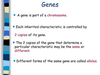 Genes A gene is part of a  chromosome. Each inherited characteristic is controlled by  2 copies   of its gene. The 2 copies of the gene that determine a  particular characteristic may be the  same  or  different. Different forms of the same gene are called  alleles. 