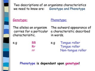 Two descriptions of an organisms characteristics we need to know are:  Genotype and Phenotype Genotype: The alleles an organism carries for a particular  characterisitic. e.g RR Rr rr Phenotype: The outward appearance of a characteristic described in words. e.g Tongue roller Tongue roller Non-tongue roller Phenotype  is dependant upon  genotype ! 