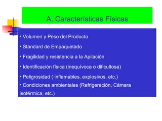 A. Características Físicas Volumen y Peso del Producto Standard de Empaquetado Fragilidad y resistencia a la Apilación Identificación física (inequívoca o dificultosa) Peligrosidad ( inflamables, explosivos, etc.) Condiciones ambientales (Refrigeración, Cámara isotérmica, etc.) 