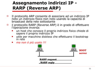 Assegnamento indirizzi IP - RARP (Reverse ARP) Il protocollo ARP consente di associare ad un indirizzo IP noto un indirizzo fisico non noto usando la capacità di broadcast della rete sottostante il protocollo RARP (Reverse ARP) è in grado di effettuare l’operazione inversa:  un host che conosce il proprio indirizzo fisico chiede di sapere il proprio indirizzo IP utile per macchine diskless che effettuano il bootstrap in rete ma non è più usato !!! RARP request RARP reply BOOT server 