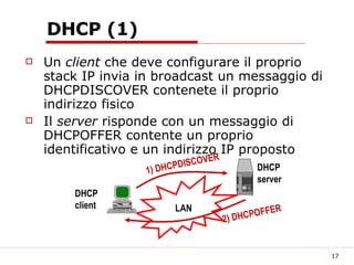 DHCP (1) Un  client  che deve configurare il proprio stack IP invia in broadcast un messaggio di DHCPDISCOVER contenete il proprio indirizzo fisico Il  server  risponde con un messaggio di DHCPOFFER contente un proprio identificativo e un indirizzo IP proposto LAN DHCP server DHCP client 1) DHCPDISCOVER 2) DHCPOFFER 