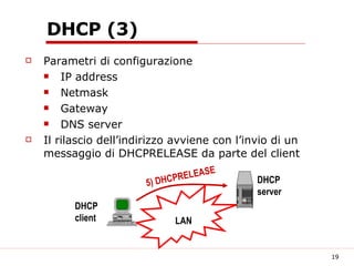 DHCP (3) Parametri di configurazione IP address Netmask Gateway DNS server Il rilascio dell’indirizzo avviene con l’invio di un messaggio di DHCPRELEASE da parte del client LAN DHCP server DHCP client 5) DHCPRELEASE 