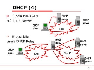 DHCP (4) E’ possibile avere  più di un  server E’ possibile  usare DHCP Relay LAN DHCP Relay DHCP client LAN DHCP server DHCP client DHCP server DHCP server DHCP server Rete IP 
