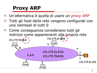 Proxy ARP Un’alternativa è quella di usare un  proxy ARP Tutti gli host della rete vengono configurati con una  netmask  di tutti 0 Come conseguenza considerano tutti gli indirizzi come appartenenti alla propria rete LAN A B 131.175.21.0/24 131.175.70.0/24 131.175.21.98/0 131.175.70.56/0 131.175.21.254 A 
