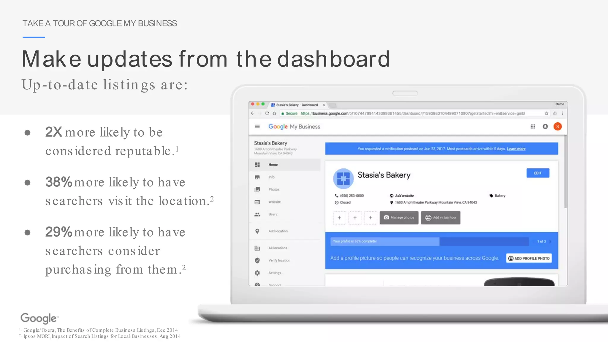 TAKE A TOUROF GOOGLEMY BUSINESS
Make updates from the dashboard
● 2X more likely to be
considered reputable.1
● 38%more likely to have
searchers visit the location.2
● 29%more likely to have
searchers consider
purchasing from them.2
1. Google/Oxera, The Benefits of Complete Business Listings, Dec 2014
2. Ipsos MORI, Impact of Search Listings for Local Businesses, Aug 2014
Up-to-date listings are:
 