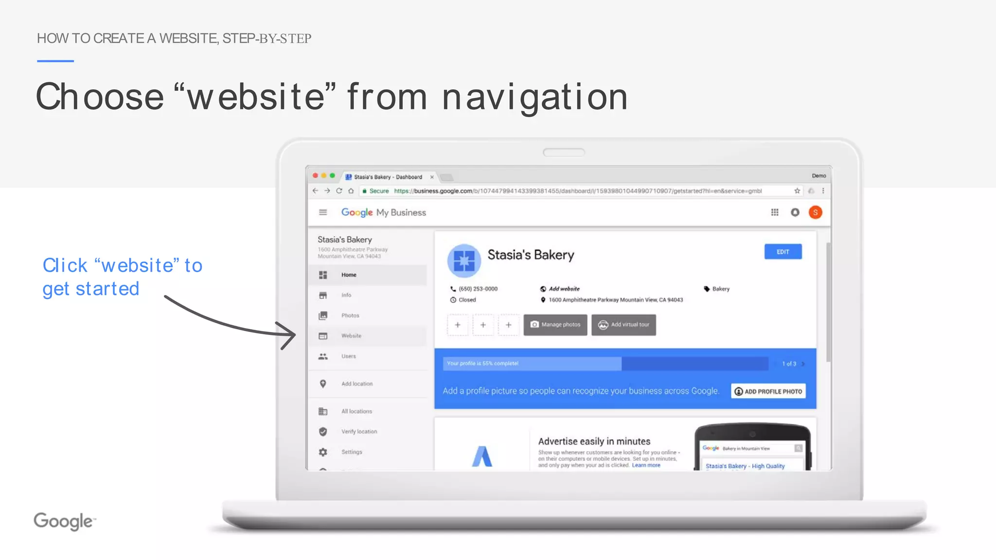 HOW TO CREATE A WEBSITE, STEP-BY-STEP
Choose “website” from navigation
Click “website” to
get started
 