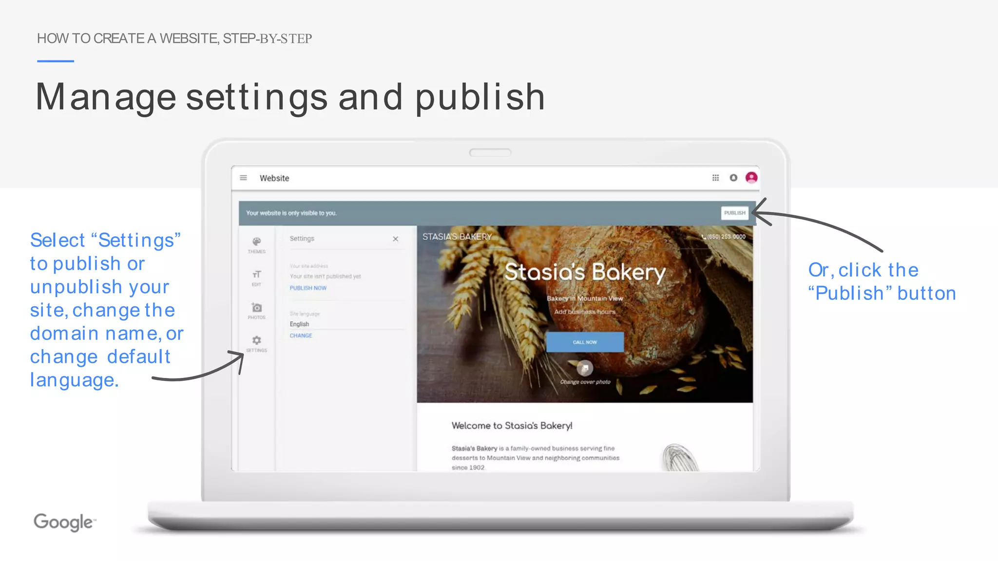 HOW TO CREATE A WEBSITE, STEP-BY-STEP
Manage settings and publish
Select “Settings”
to publish or
unpublish your
site, change the
domain name, or
change default
language.
Or, click the
“Publish” button
 