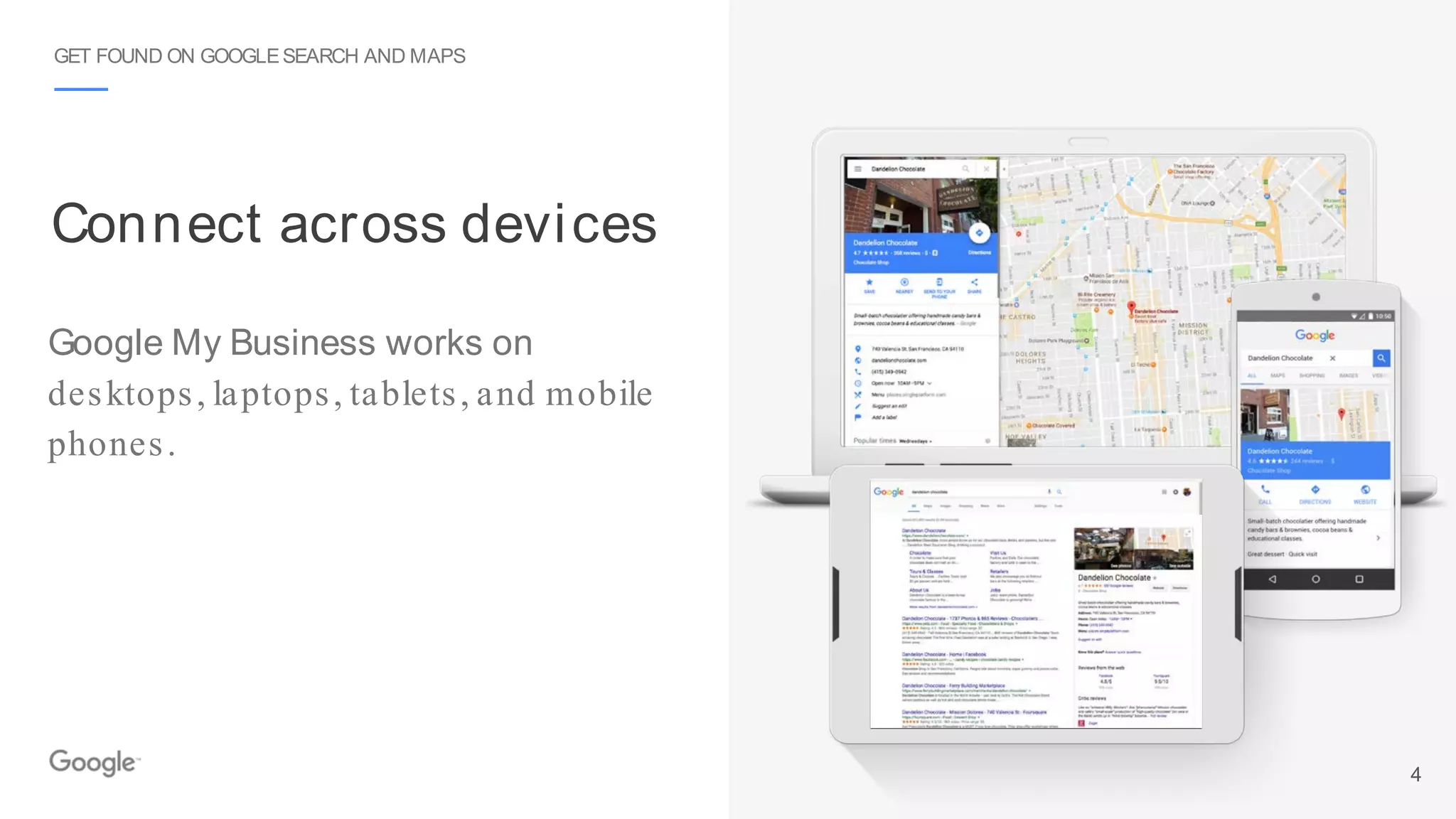 Google My Business works on
desktops, laptops, tablets, and mobile
phones.
Connect across devices
GET FOUND ON GOOGLESEARCH AND MAPS
4
 